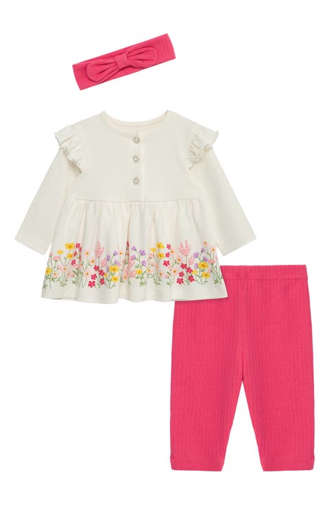 Floral Border Print Top, Leggings & Headband Set (Baby)