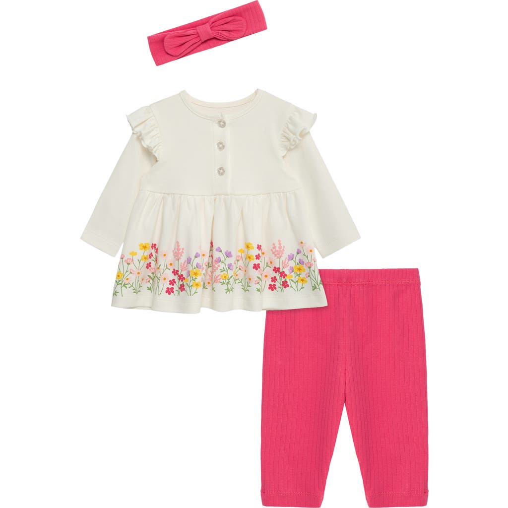 Little Me Floral Border Print Top, Leggings & Headband Set In White