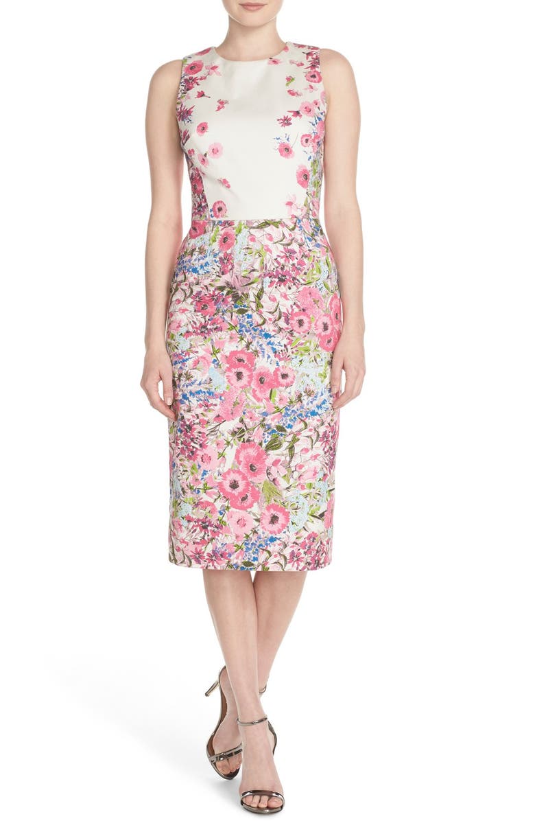 Maggy London Floral Print Stretch Cotton Midi Dress, Main, color, 