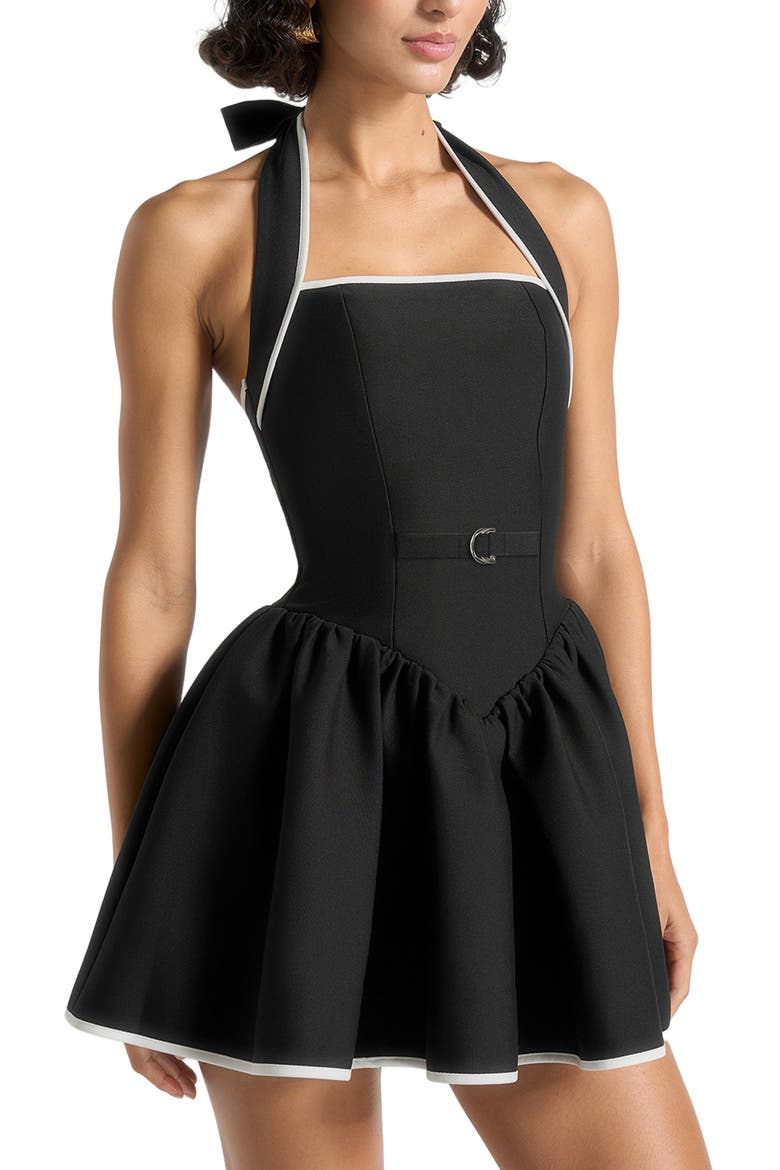 Roxana Halter Neck Belted Mini Dress, Alternate, color, Black