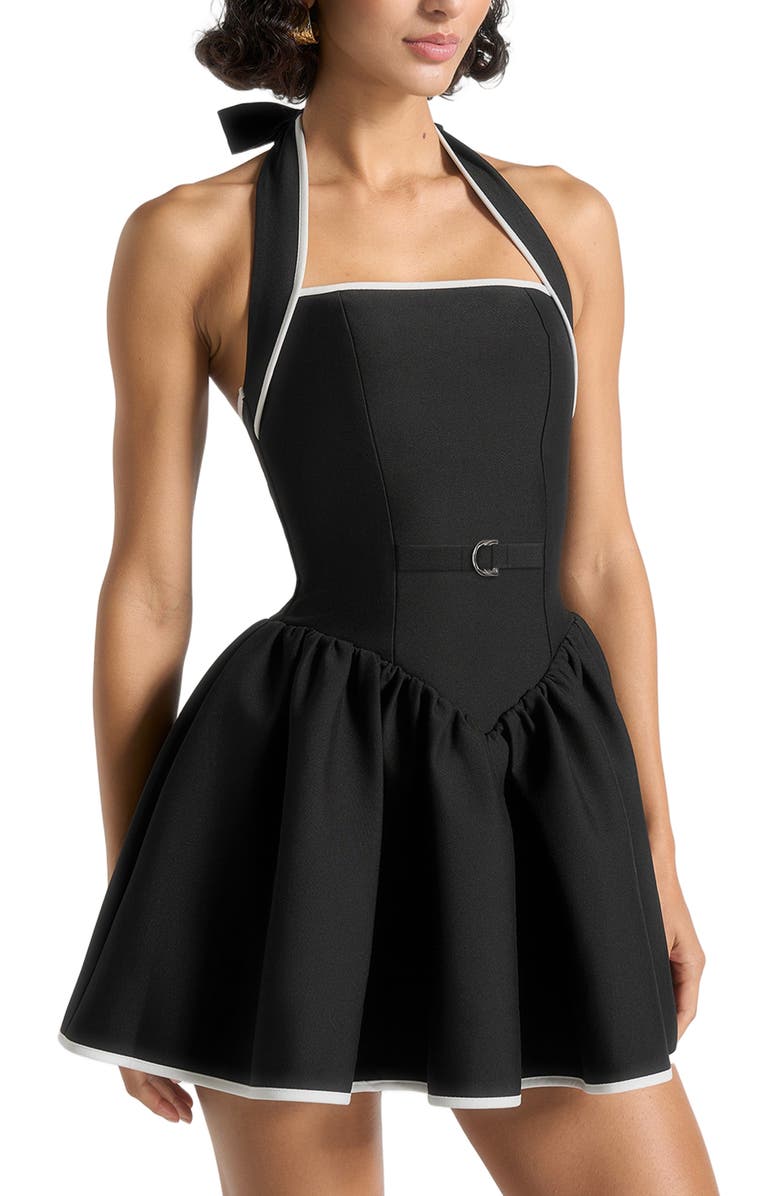 Manière De Voir Roxana Halter Neck Belted Mini Dress, Alternate, color, Black