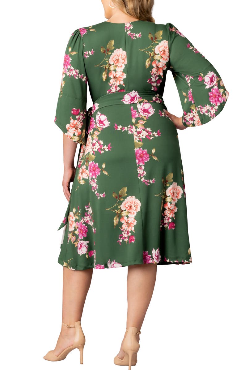 Kiyonna Gemini Floral Bell Sleeve Wrap Dress, Alternate, color, Green Floral Print