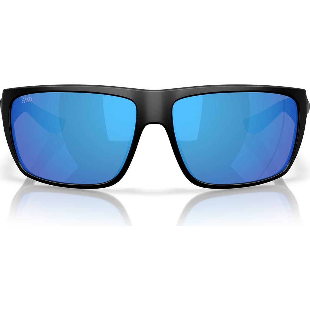 Costa Del Mar 64mm Polarized Rectangular Sunglasses In Matte Black/blue Mirror 580g
