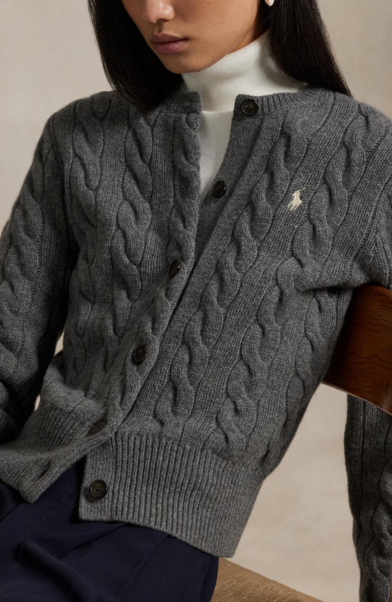 Polo Ralph Lauren Cable Wool & Cashmere Cardigan, Alternate, color, Flannel Grey Heather