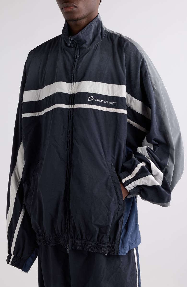 Balenciaga Oversize Distressed 50/50 Stripe Track Jacket, Alternate, color, 1055 Washed Black