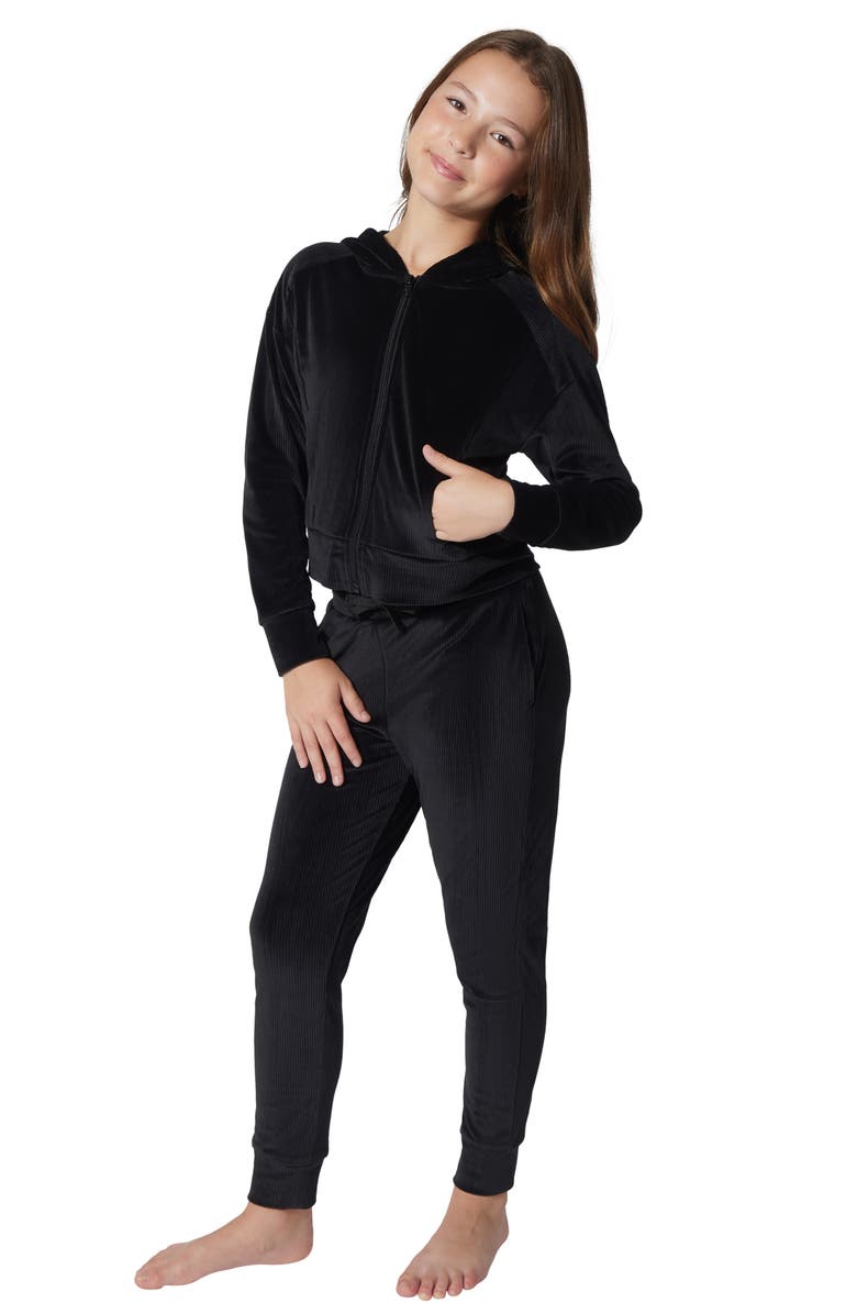 90 DEGREE BY REFLEX Kids' Rib Velour Castle Zip Hoodie & Joggers Set, Alternate, color, Black