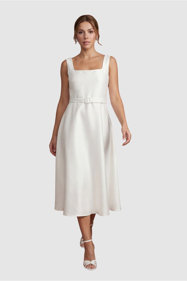 Petite Belted A-Line Midi Dress, Main, color, Ivory