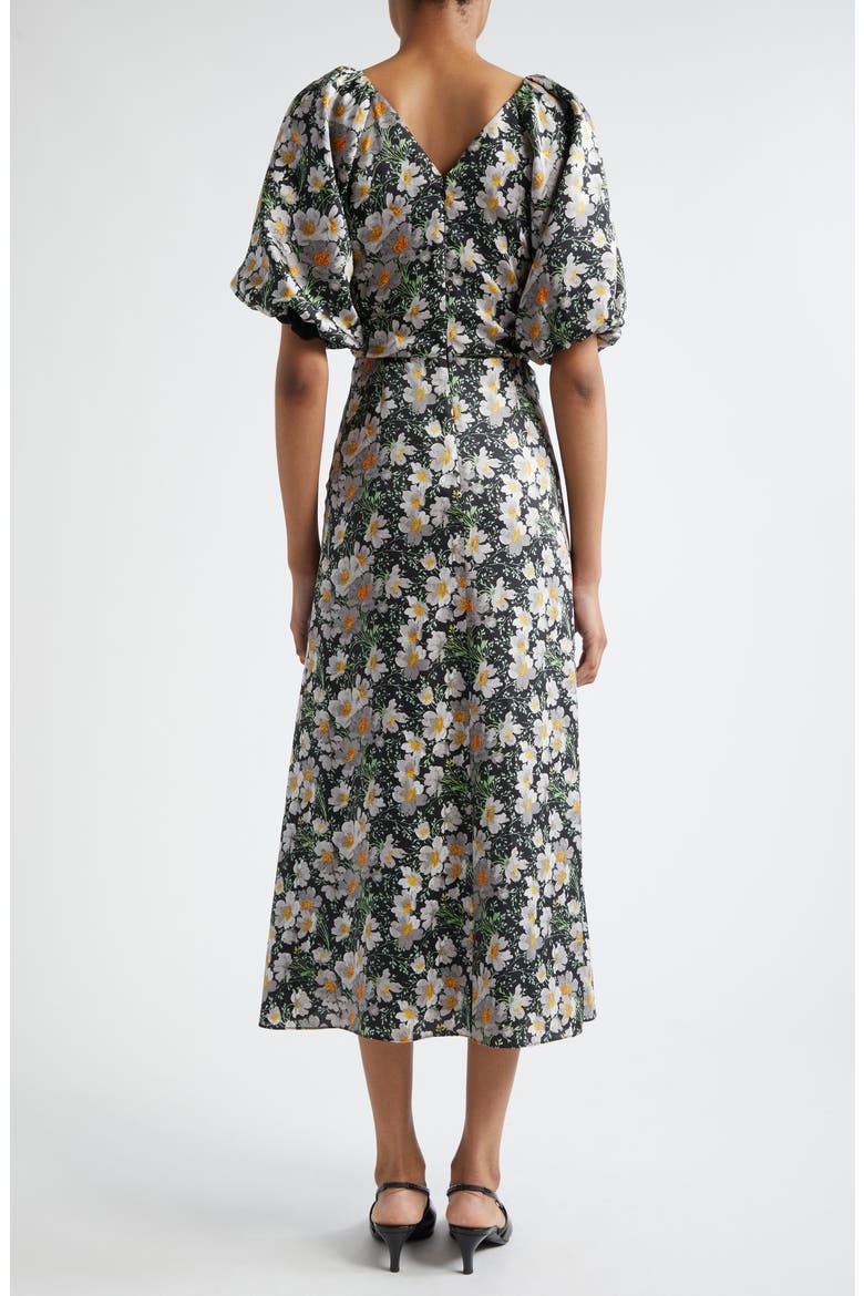 Brenton Cosmo Flower Puff Sleeve Ruched Midi Dress, Alternate, color, BLACK/ LONDON FOG