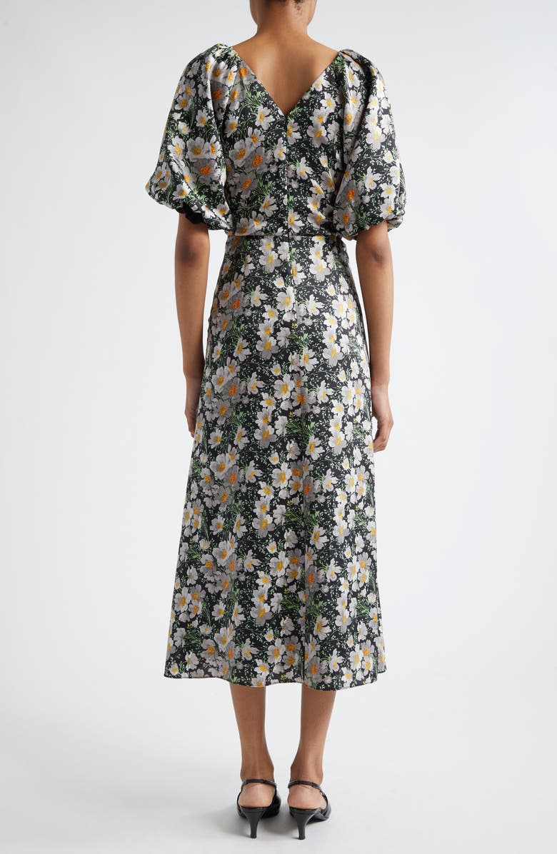 Cinq à Sept Brenton Cosmo Flower Puff Sleeve Ruched Midi Dress, Alternate, color, Black/ London Fog