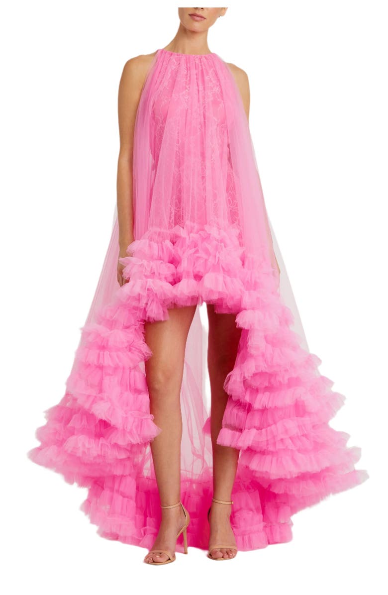 Mac Duggal Tulle High Neck Sleeveless Ruffled Hem Hi-Lo Gown, Main, color, Hot Pink