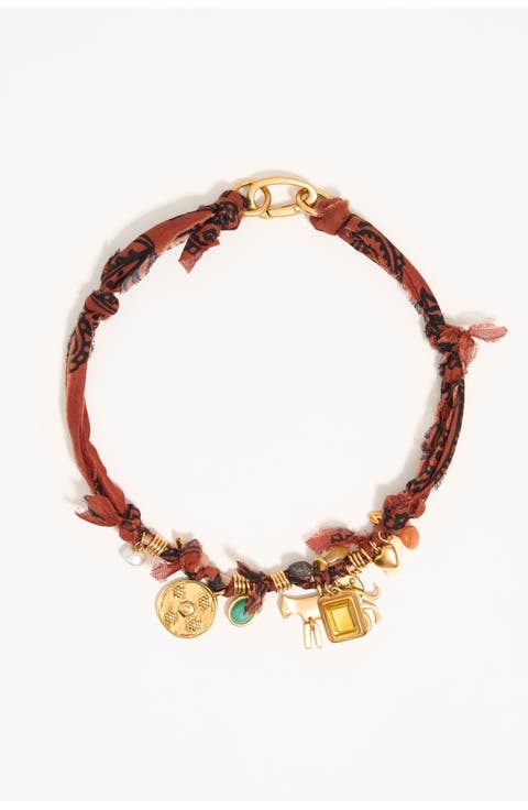 Plaited Fabric Necklace With Metal Motifs