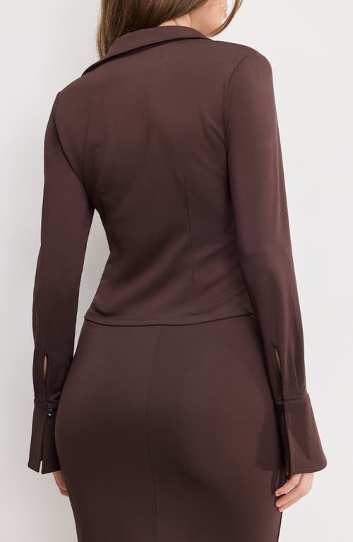 Good American Flare Cuff Jersey Matte Button-up Shirt In Brown