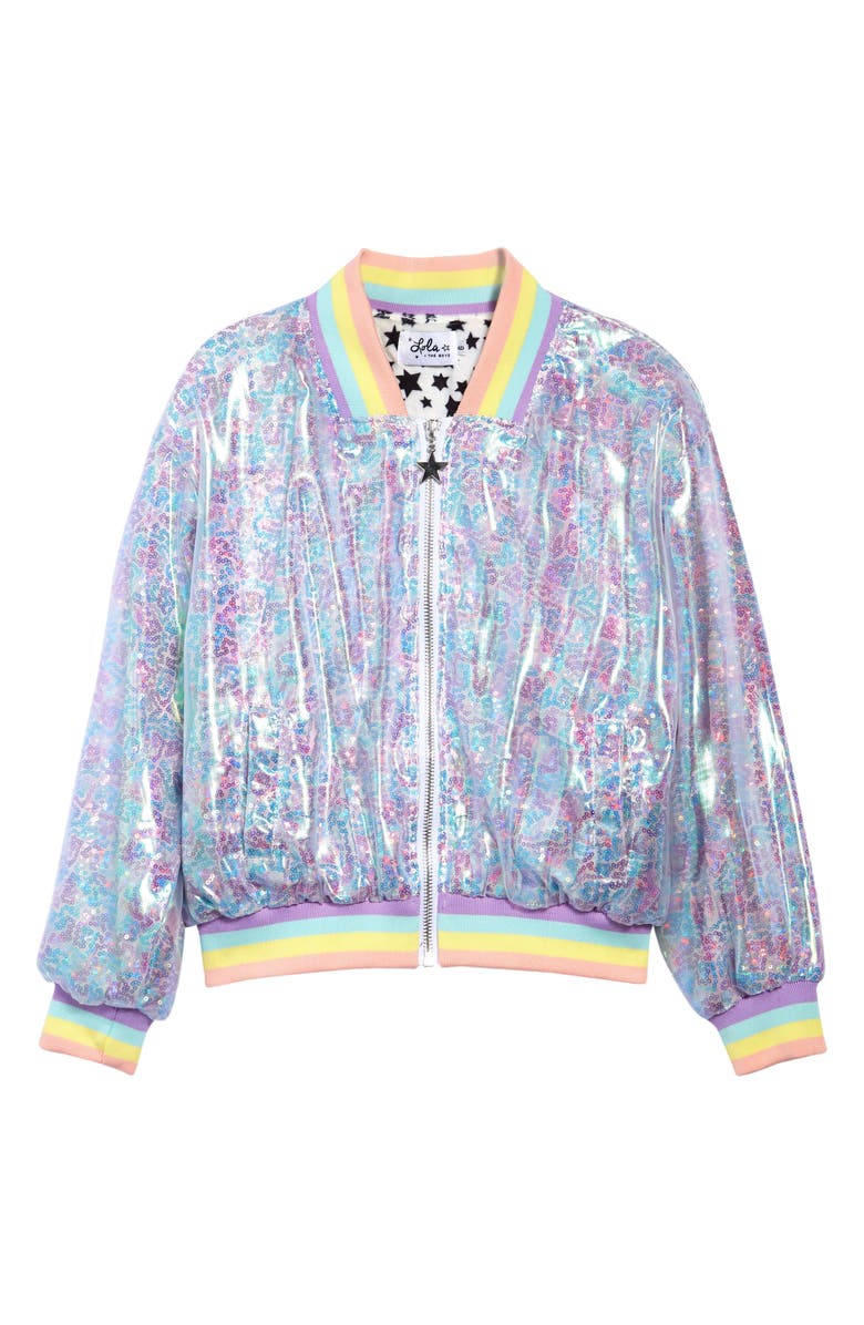 Lola + The Boys Lola & the Boys Kids' Retro Sequin Bomber Jacket, Main, color, 