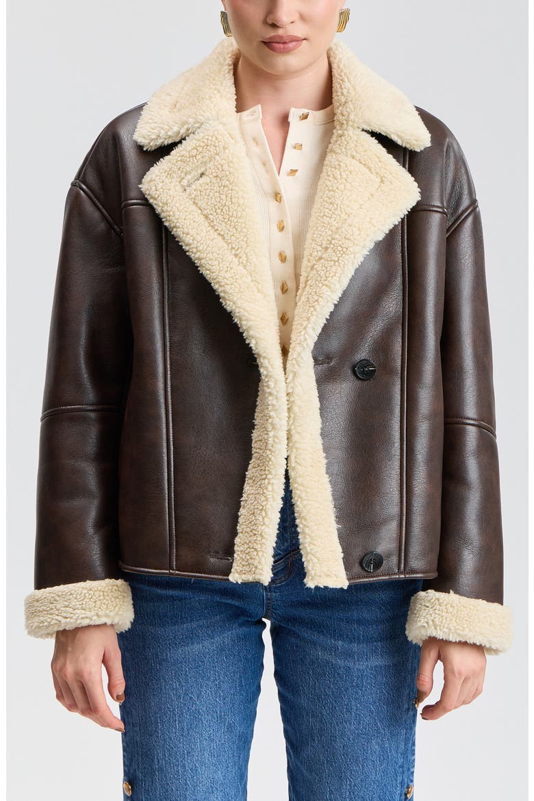 Faux Leather & Faux Shearling Notch Collar Jacket, Alternate, color, DARK CHESTNUT