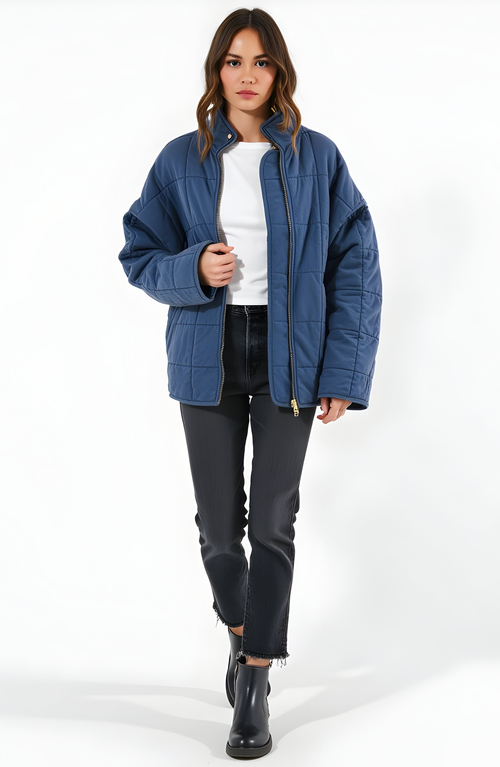 Modenaire Quilted Zip-up Jacket With Stand Collar And Square Stitch In Blue