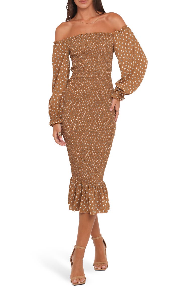 Sara Smocked Off the Shoulder Long Sleeve Body-Con Midi Dress, Main, color, BROWN FLORAL