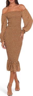 Petal & Pup Sara Smocked Off the Shoulder Long Sleeve Body-Con Midi Dress