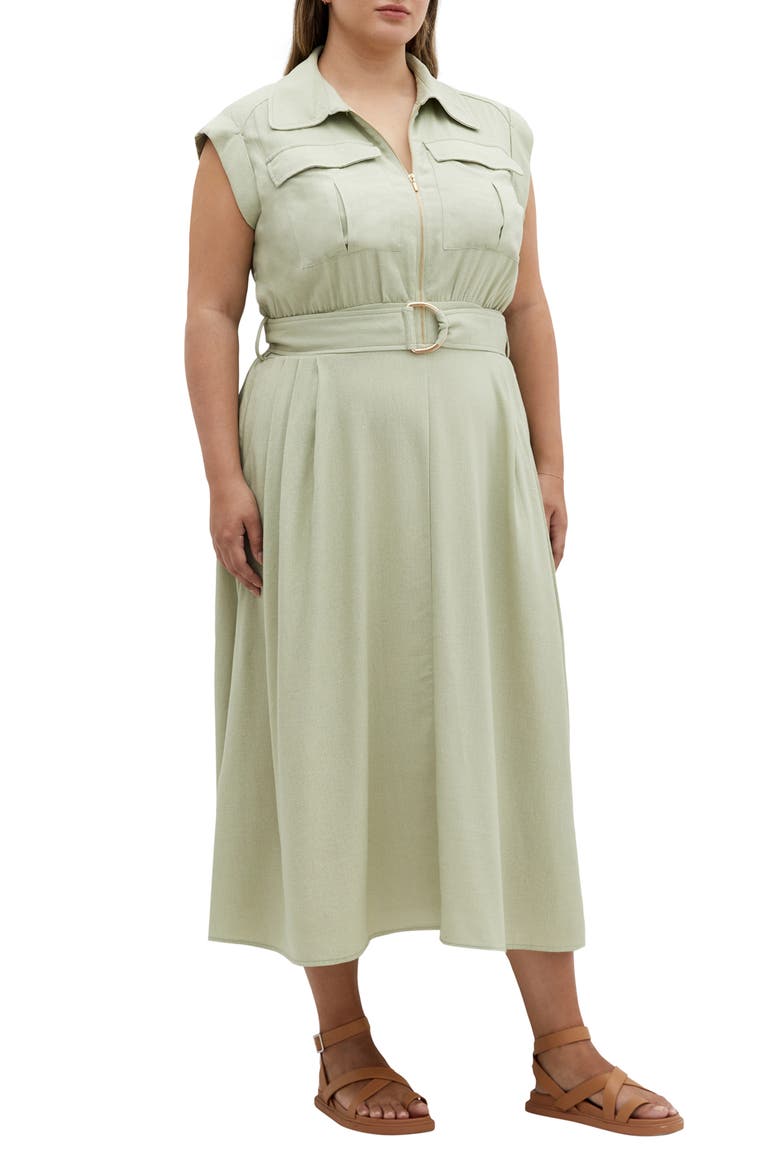 Cap Sleeve Utility Zip Midi Shirtdress, Main, color, SAGE