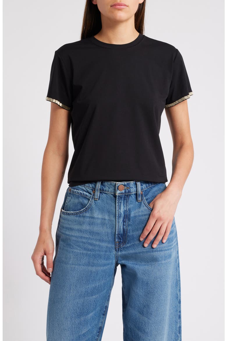 Beaded Stretch Cotton T-Shirt, Main, color, BLACK
