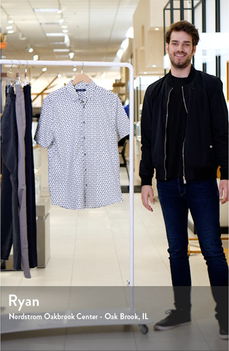 Bee Print Short Sleeve Stretch Button-Up Shirt, sales video thumbnail