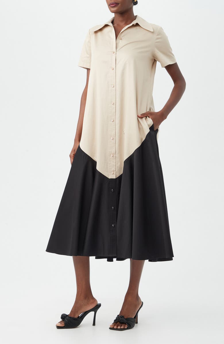 Trina Turk Neola 2 Colorblock Short Sleeve Organic Cotton Shirtdress, Alternate, color, Sahara Stone/ Black