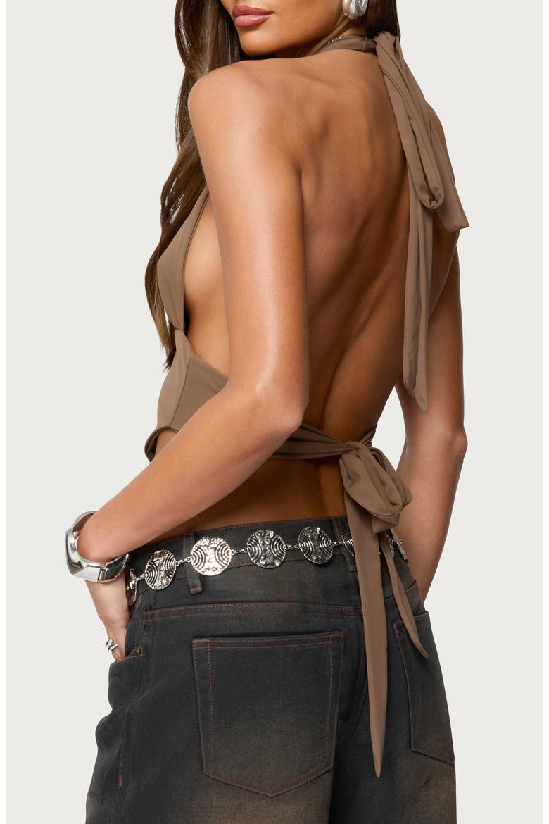 Open Back Triangle Halter Top, Alternate, color, BROWN