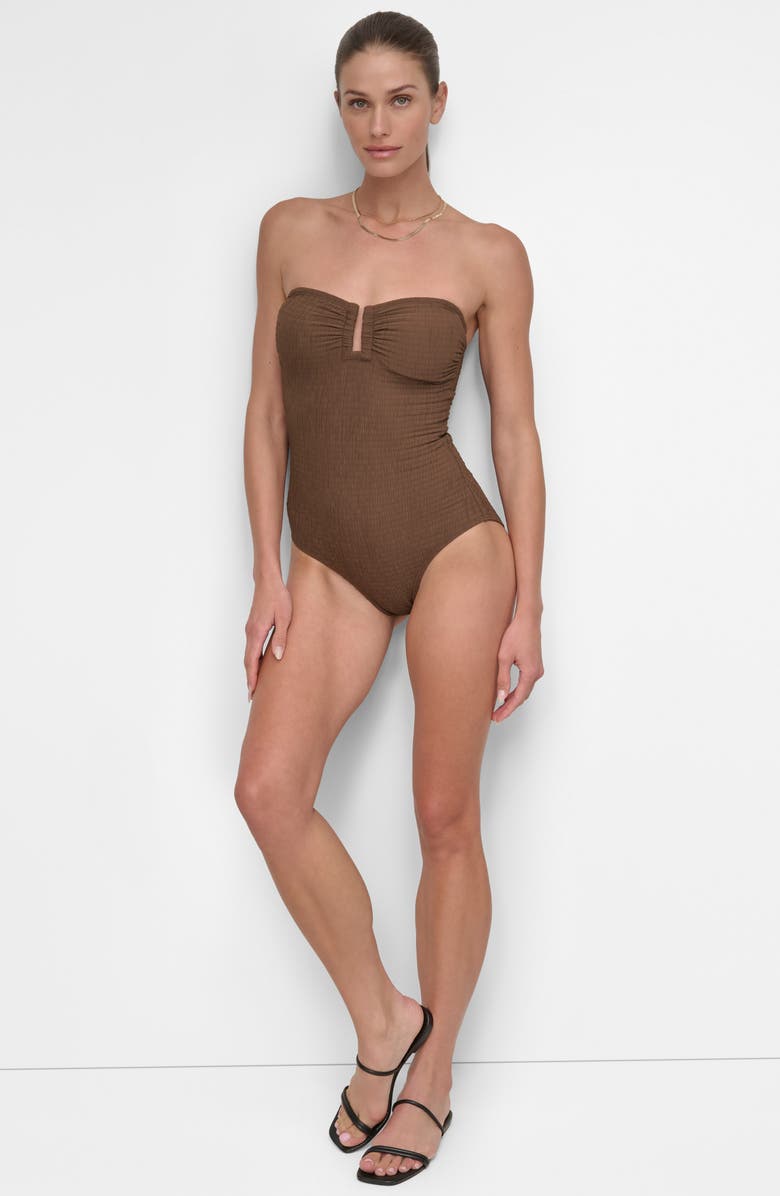 DKNY Bandeau Shirred One-Piece Swimsuit, Alternate, color, Mocha Texture