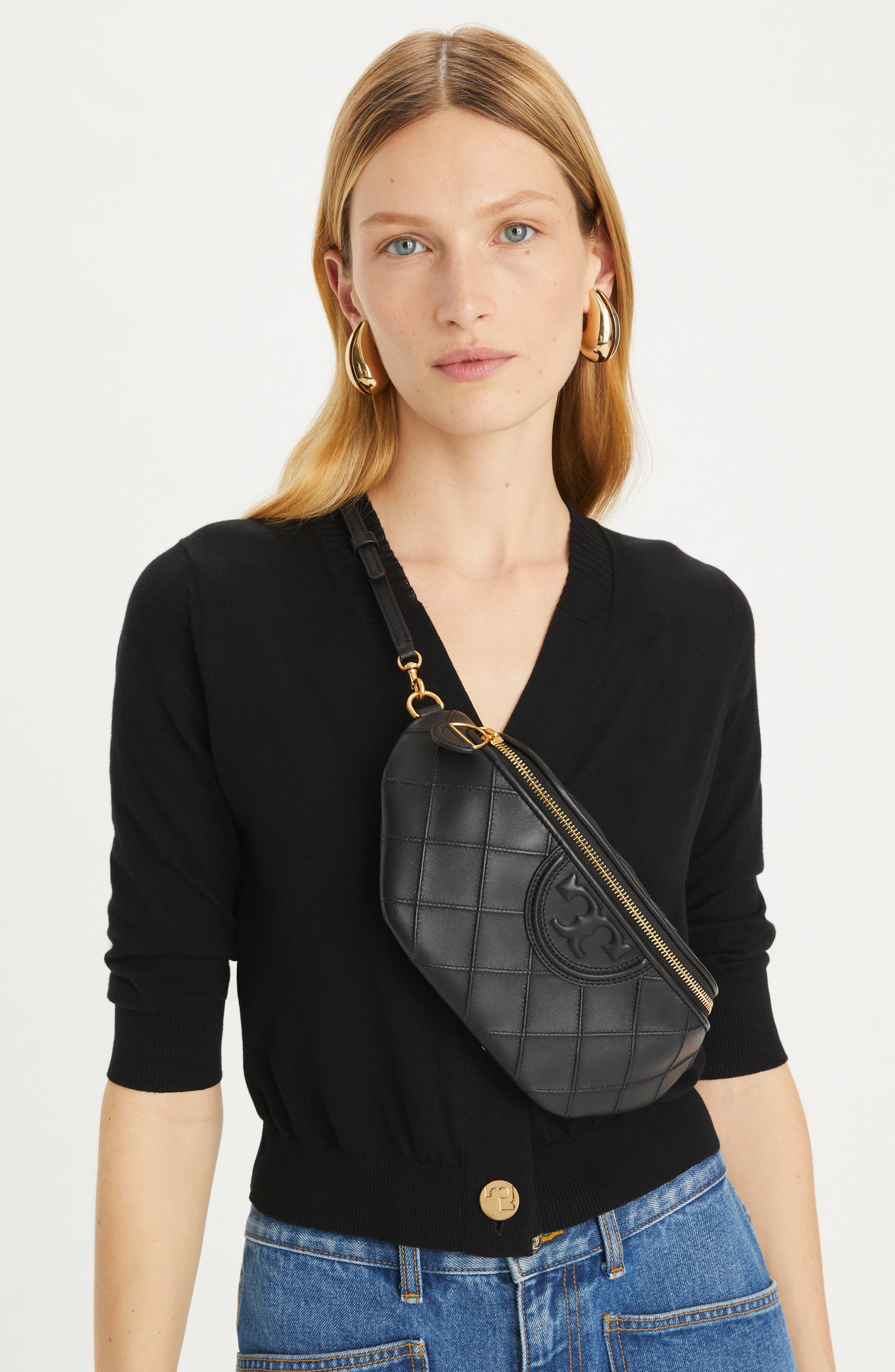 Tory Burch Fleming Soft Quilted Leather Belt Bag, Alternate, color, Black