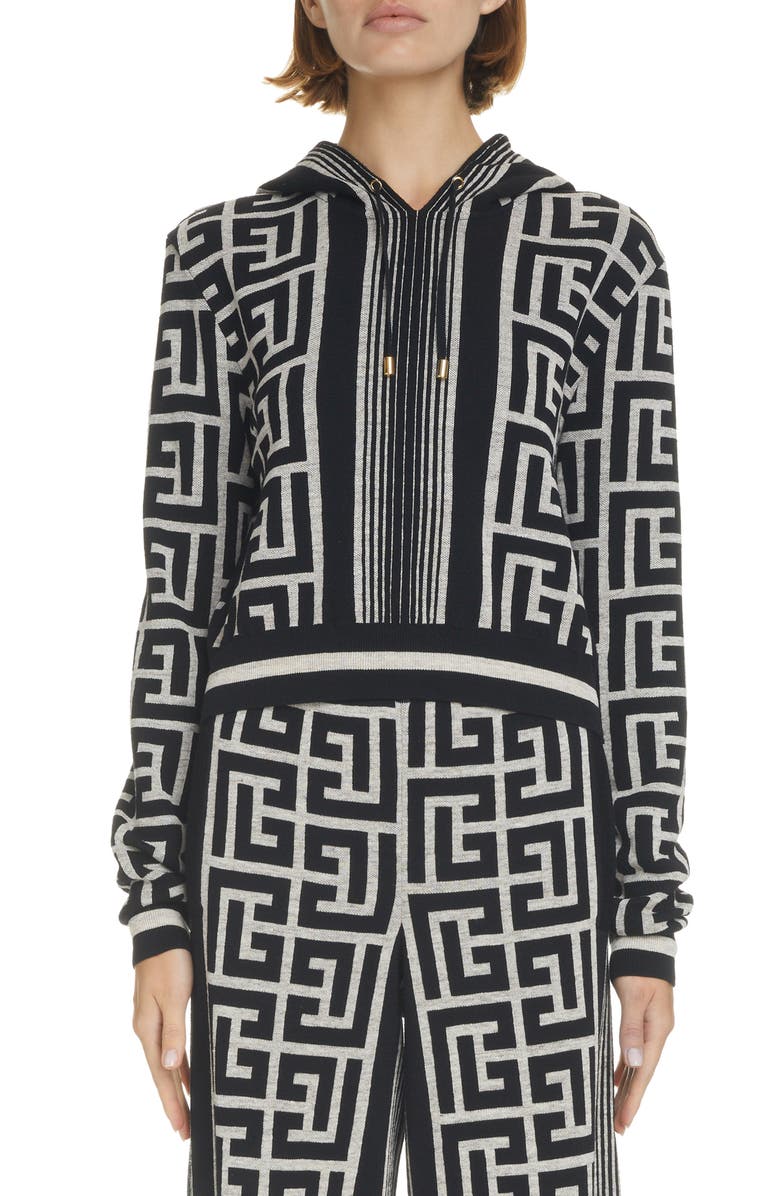 Balmain Monogram Crop Merino Wool & Linen Blend Hoodie, Main, color, 