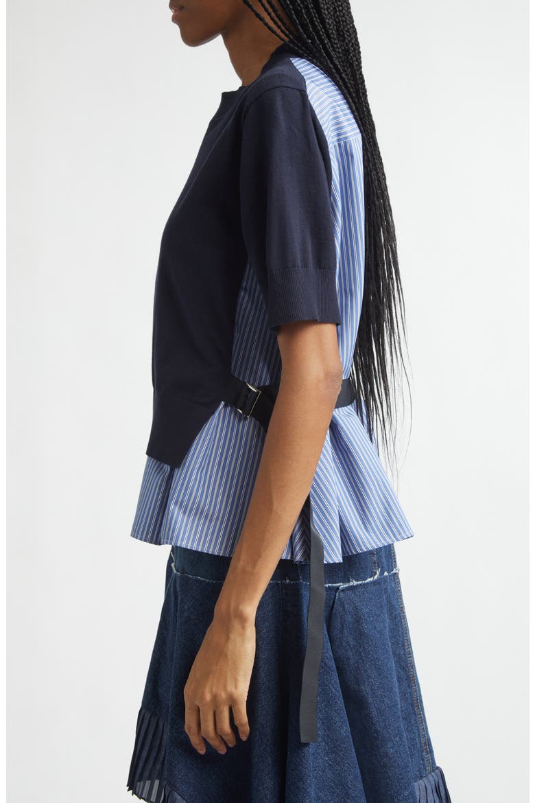 Mixed Media Poplin & Knit Sweater, Alternate, color, NAVY/ BLUE STRIPE