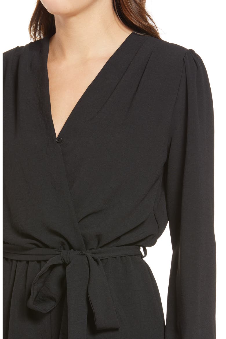 Flaired Tie Waist Long Sleeve Romper, Alternate, color, BLACK