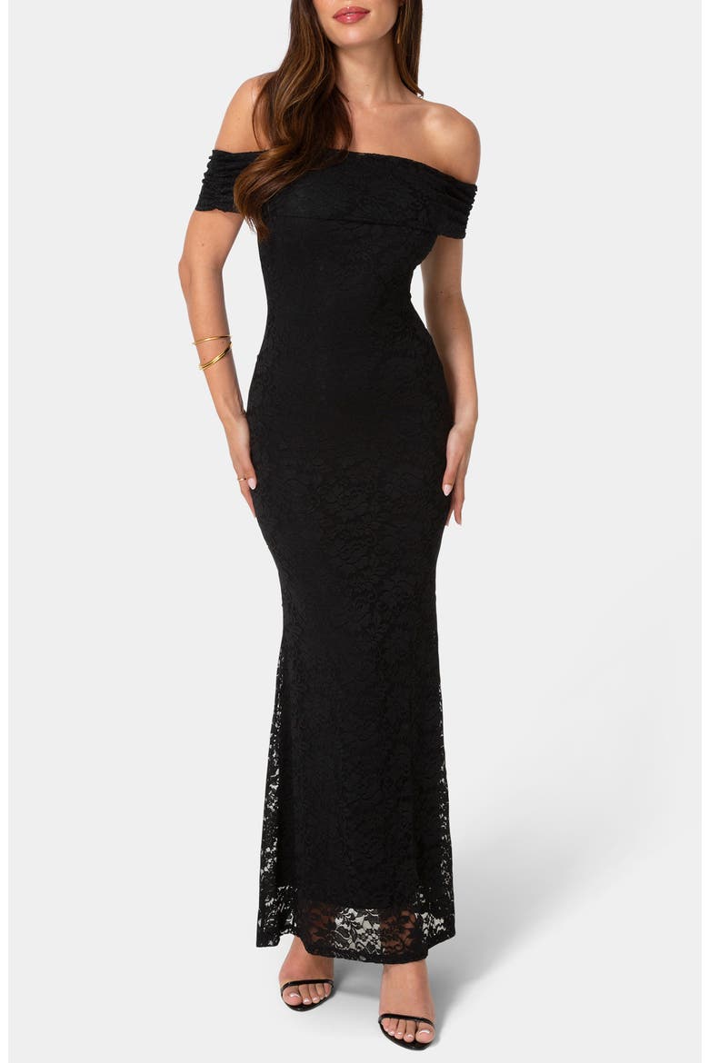 Off-the-Shoulder Lace Maxi Dress, Main, color, BLACK