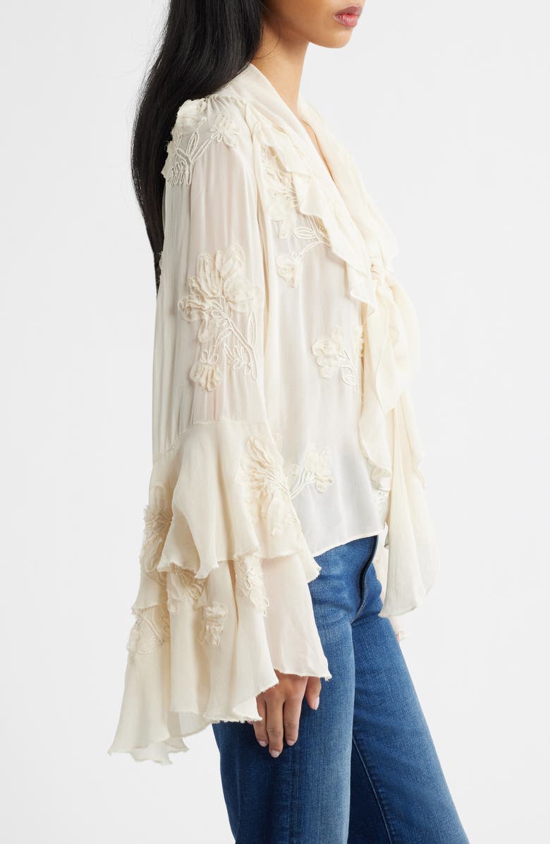 MANGO Blusa Gigi Floral Embroidered Tie Mock Neck Top, Alternate, color, Ecru