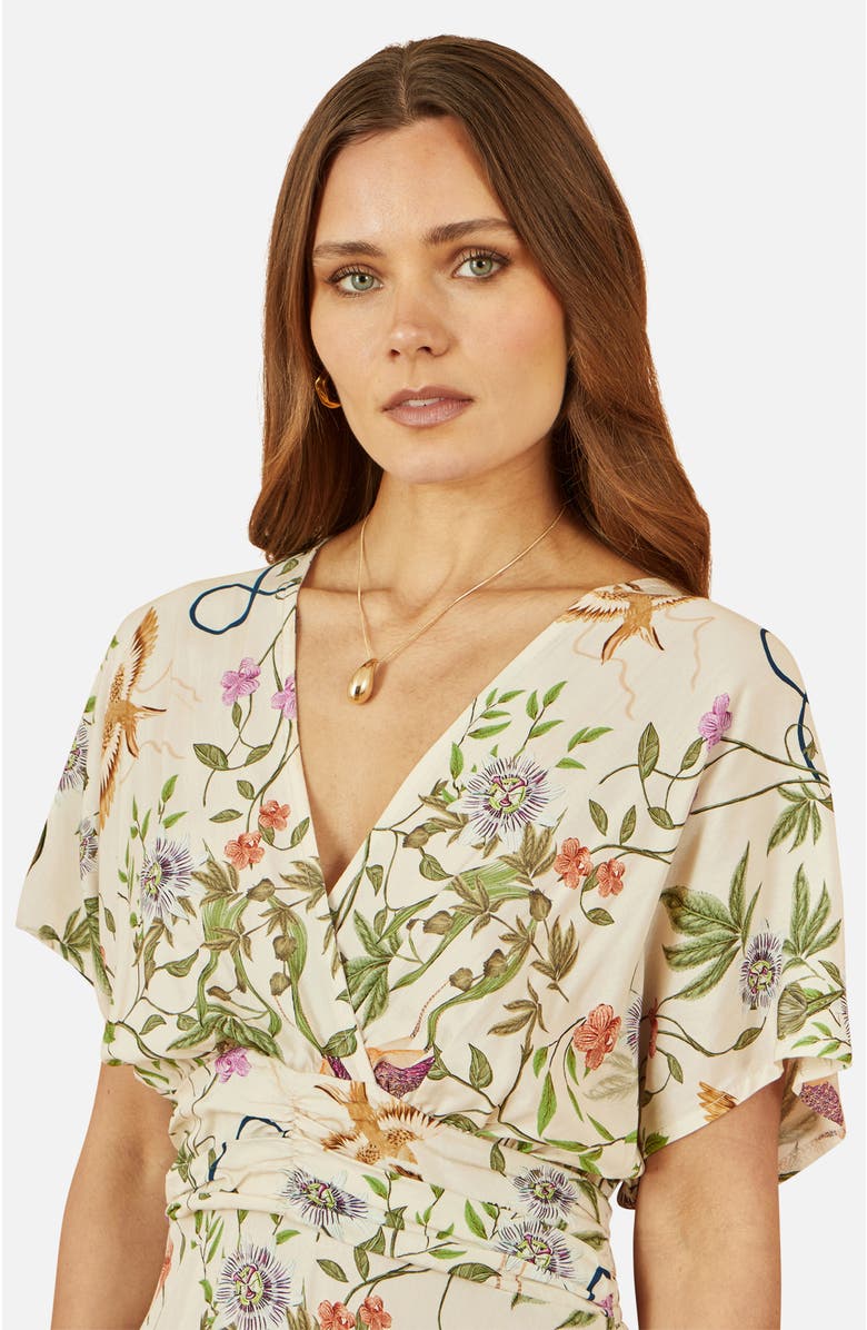 Yumi Floral Print Ruched Waist Midi Dress, Alternate, color, Beige