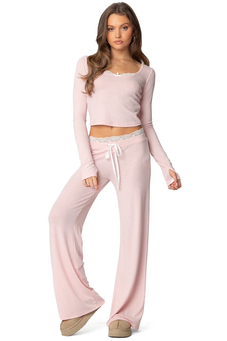 Peekaboo Lace Trim Knit Long Sleeve Top, Alternate, color, PINK