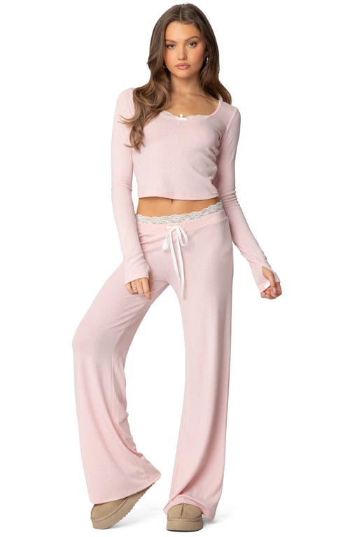 Edikted Peekaboo Lace Trim Knit Long Sleeve Top In Pink