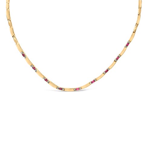 14K Yellow Gold Red Ruby and 3/8 Cttw Diamond Alternating Link Necklace