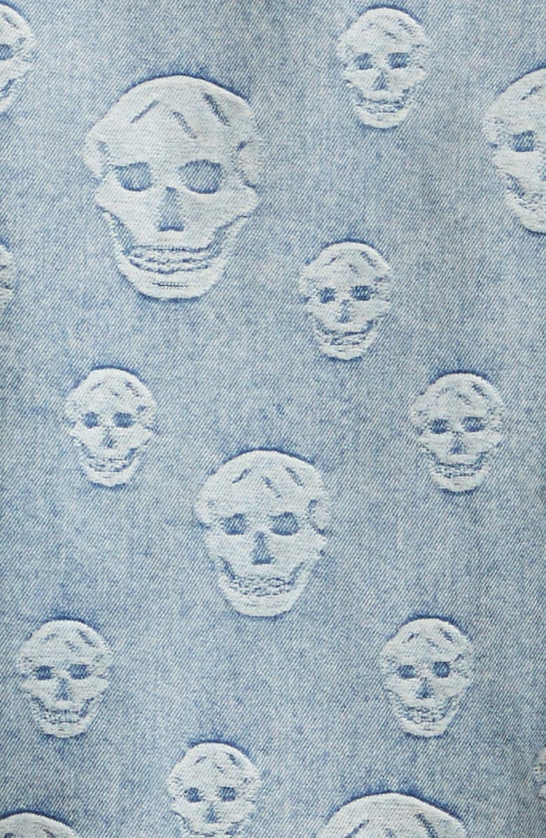 McQueen Skull Print Short Sleeve Denim Button-Up Shirt, Alternate, color, Sapphire