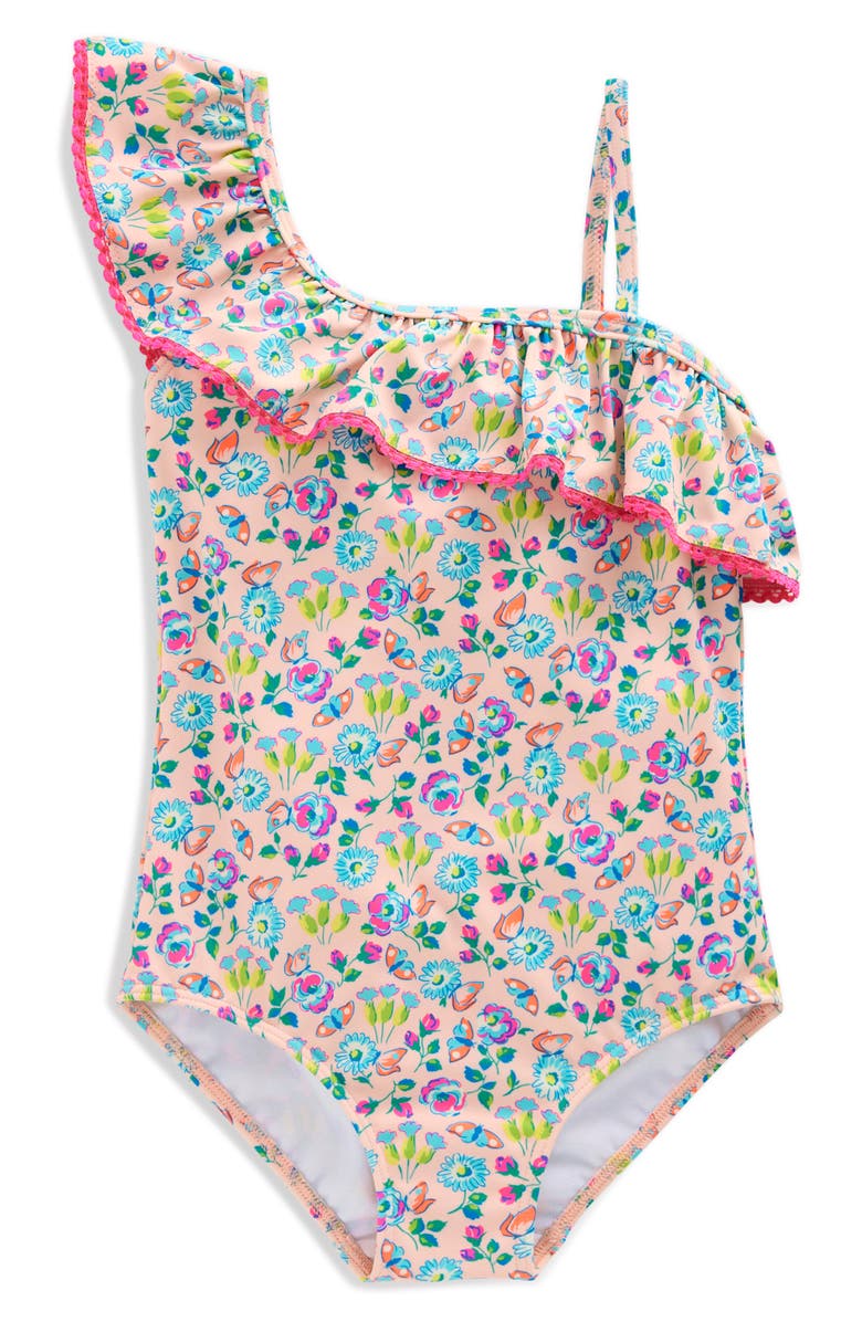 Mini Boden Kids' Lila Ruffle One-Piece Swimsuit, Main, color, Chalk Pink Butterfly Floral