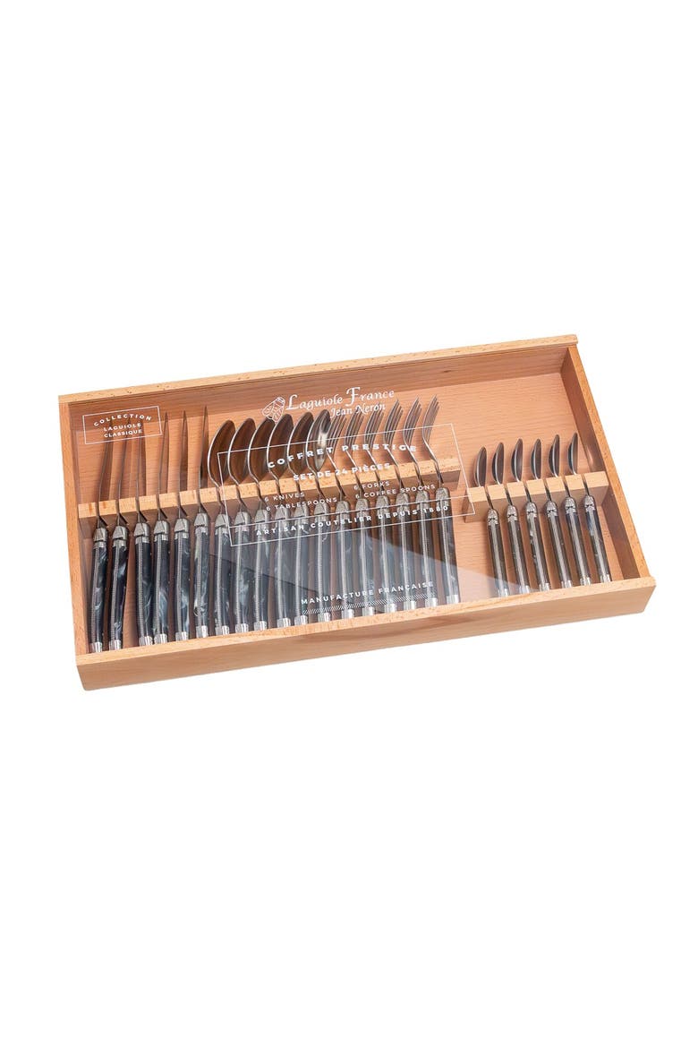 24 Piece Flatware Set, in Wood Box with Acrylic Lid, Main, color, Black Marble