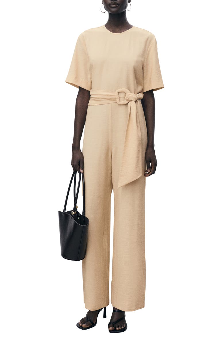 MANGO Belted Wide Leg Jumpsuit, Main, color, Ecru