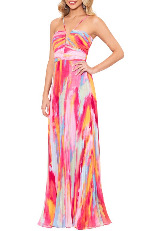 Xscape Evenings Print Pleated Gown In Fuchsia/multi