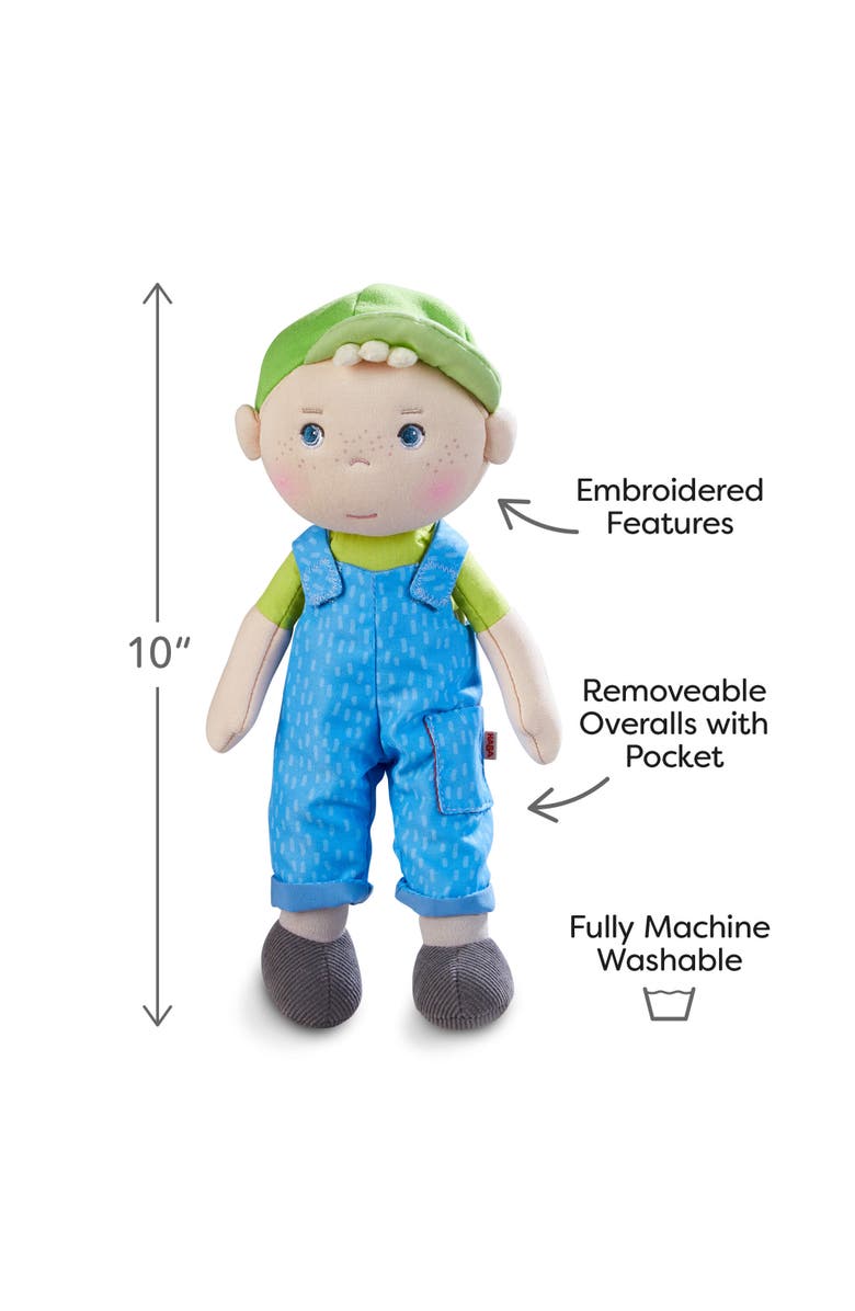 HABA Snug Up Till - 10" Soft Doll, Machine Washable Baby Boy Doll, Snuggly Toddler Plush Figure for 18 Months and Up, Alternate, color, Blue Multi