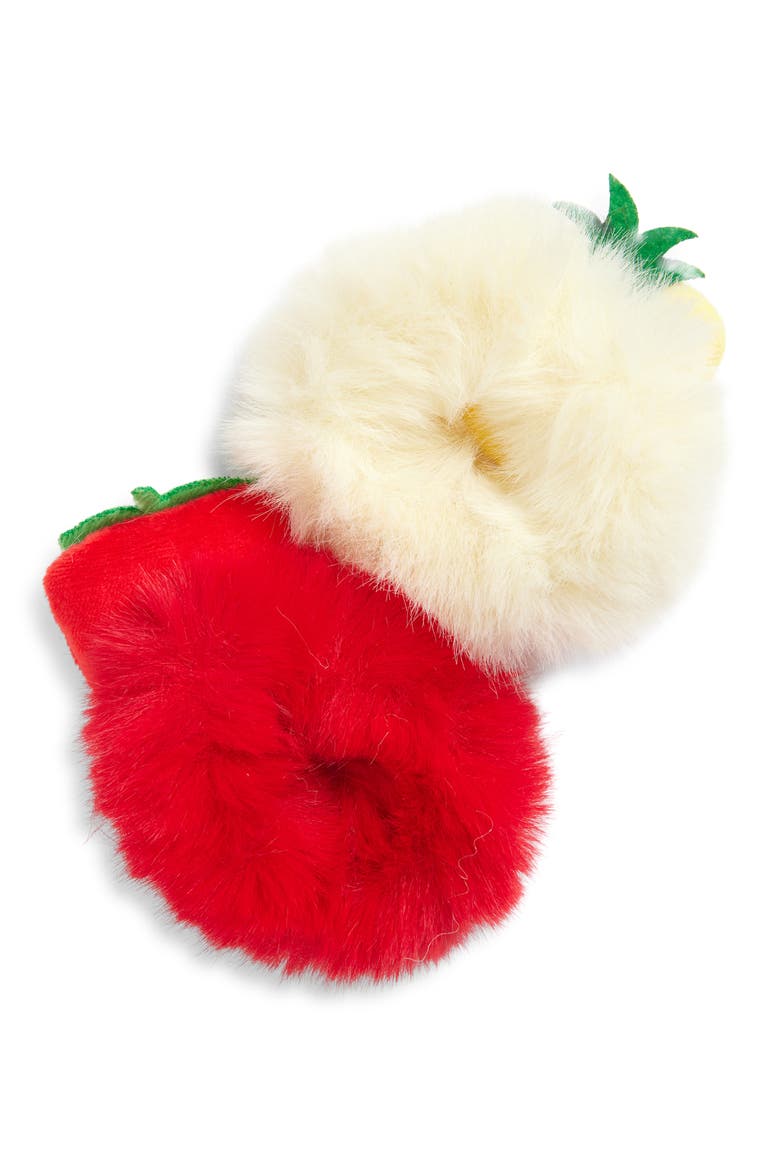 Kids Set of 3 Assorted Fuzzy Fruit Scrunchies, Alternate, color, RED