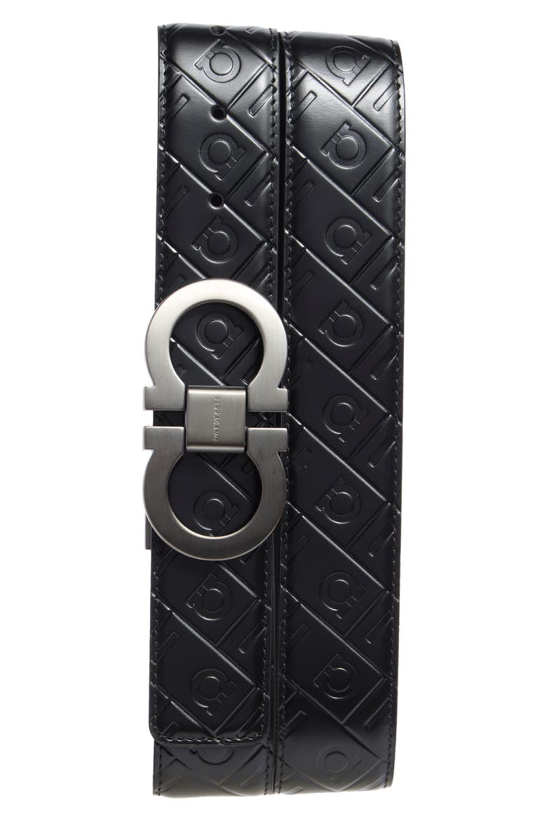 Gancini Debossed Belt, Main, color, NERO NERO