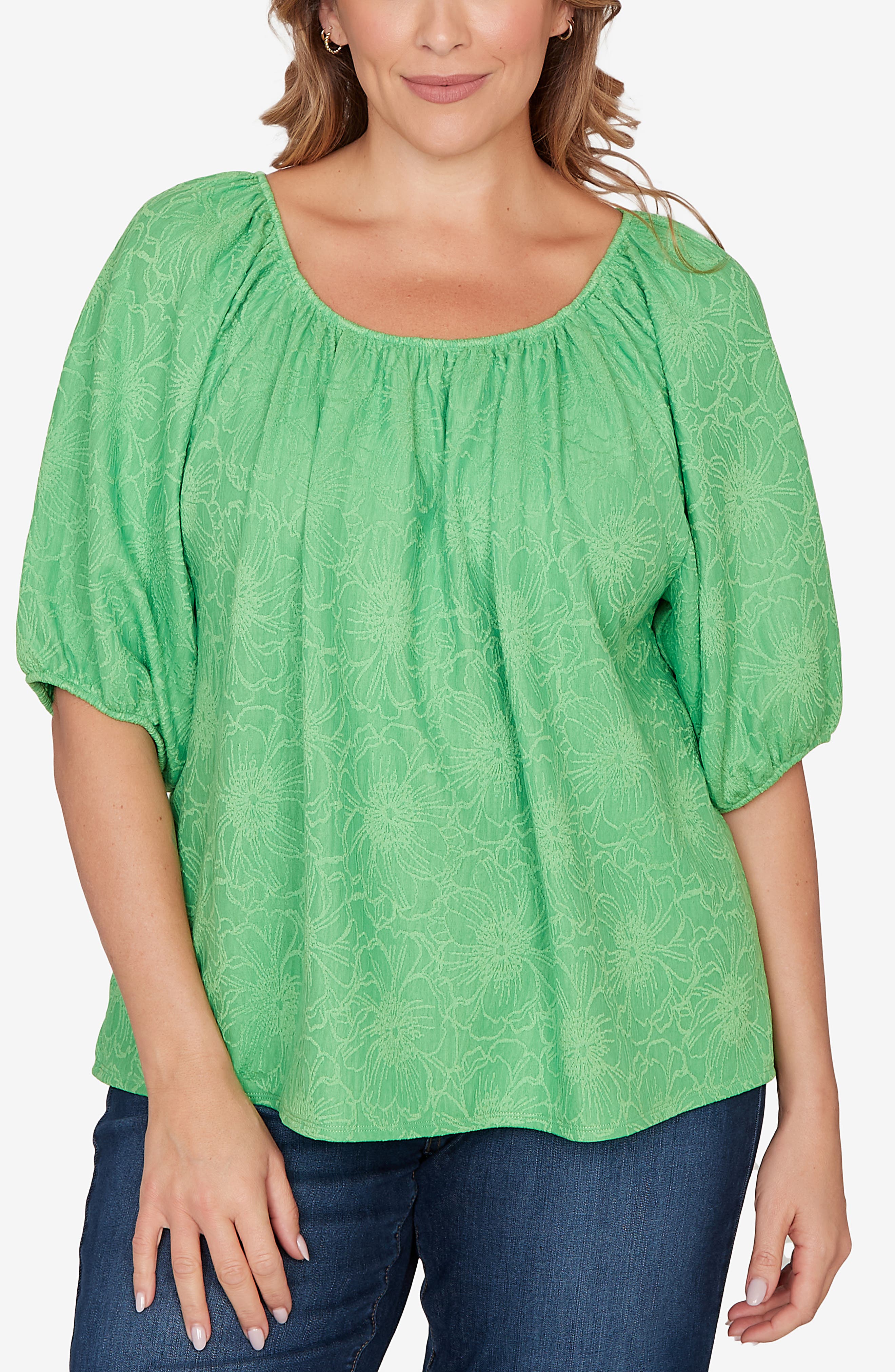 Ruby Rd. Ruby Rd Floral Textured Knit Top In Green