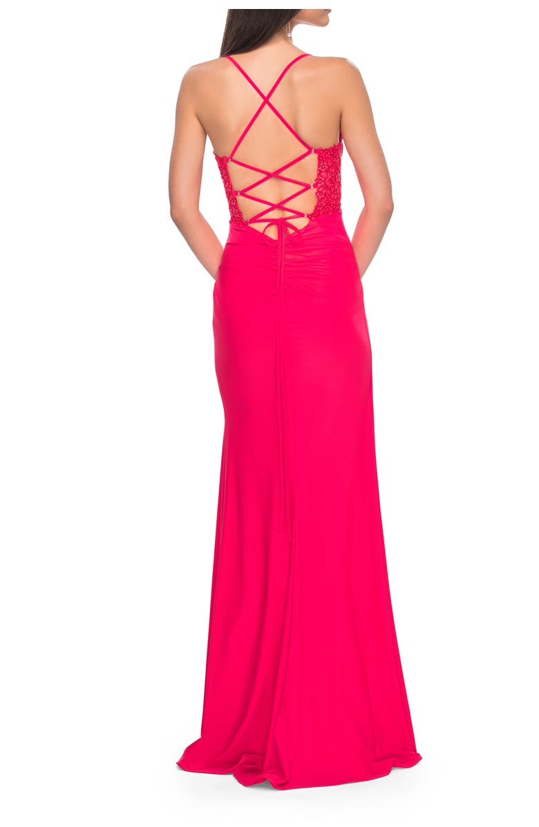 La Femme Sheer Lace Side Panel Jersey Long Dress in Hot Coral, Alternate, color, Hot Coral