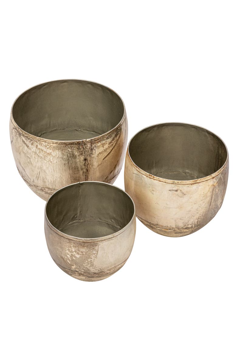 Storied Home Various Round Metal Planters with Distressed Finish, Pewter, Set of 3, Main, color, Grey