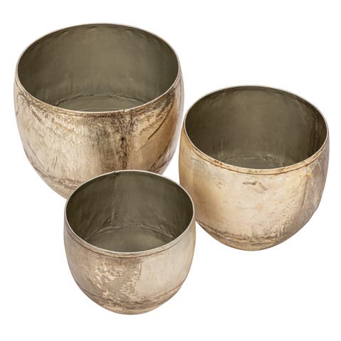 Various Round Metal Planters with Distressed Finish, Pewter, Set of 3