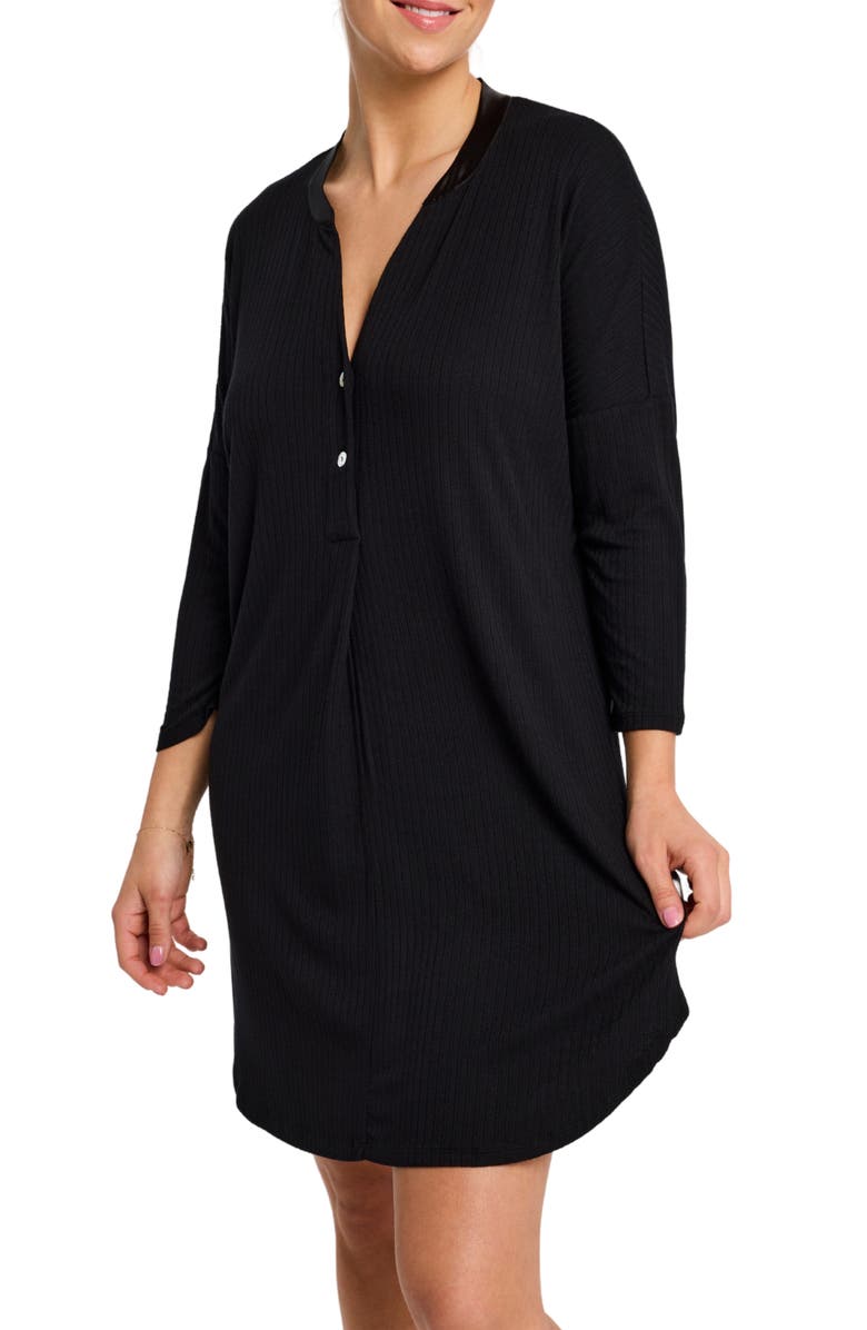 Fleur't Dolman Three Quarter Sleeve Nightshirt, Main, color, Black Pointelle